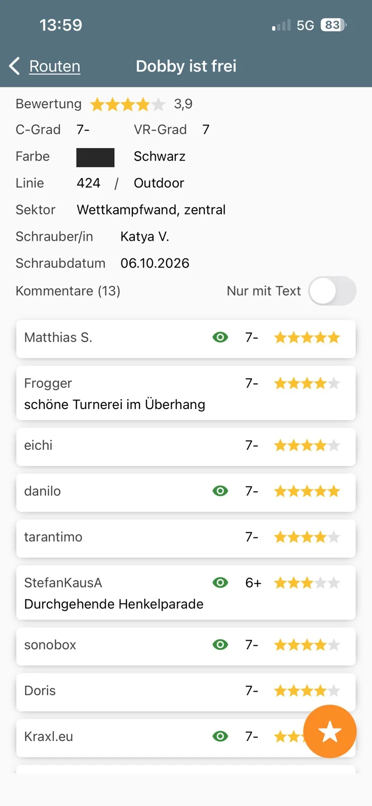 App: Routendetail mit 13 Kommentaren und Bewertungen
