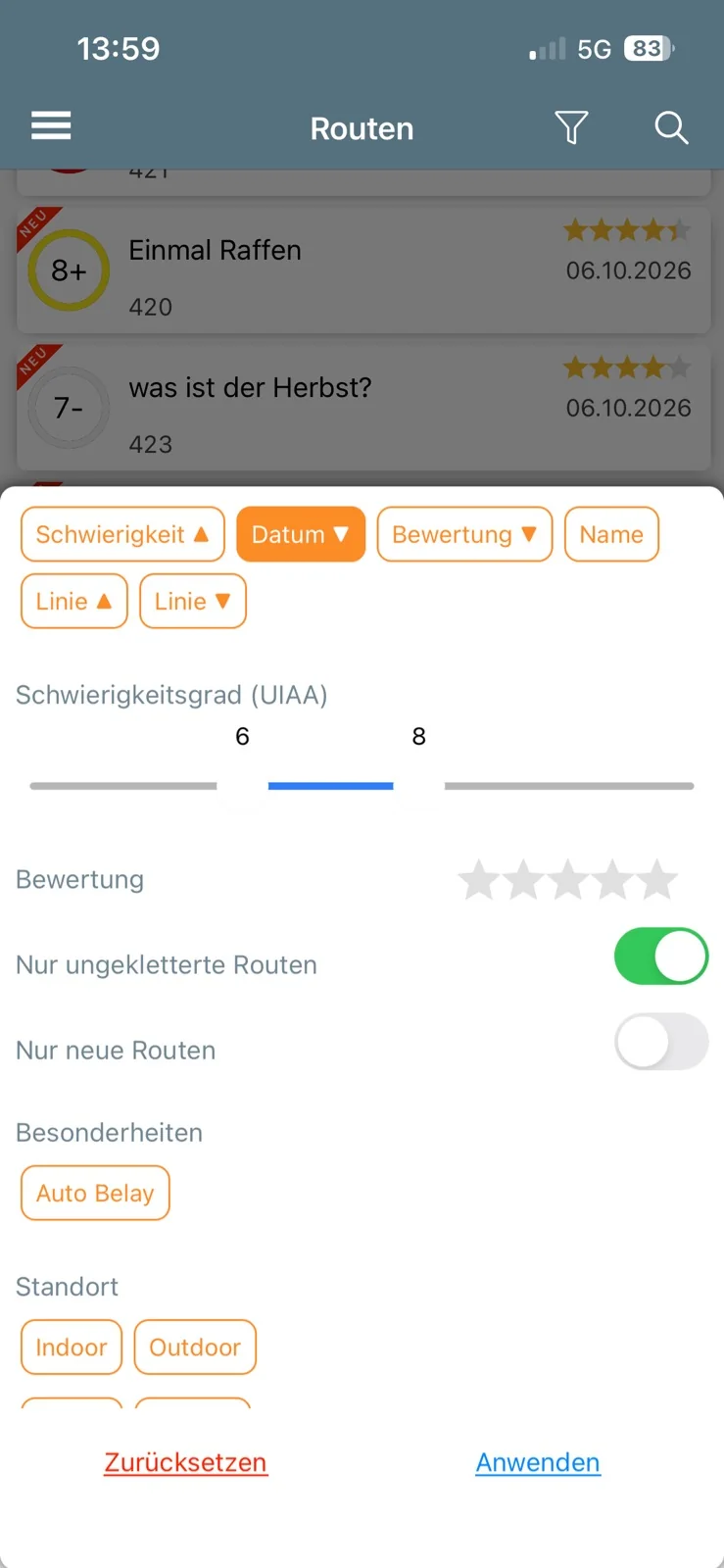 App: Filter nach Grad, Bewertung, Besonderheiten und Standort