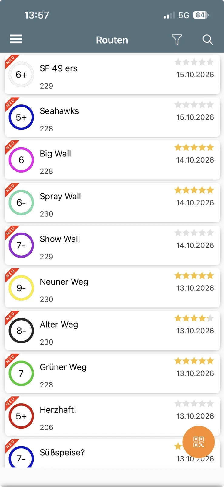 App: Liste der neuesten Routen