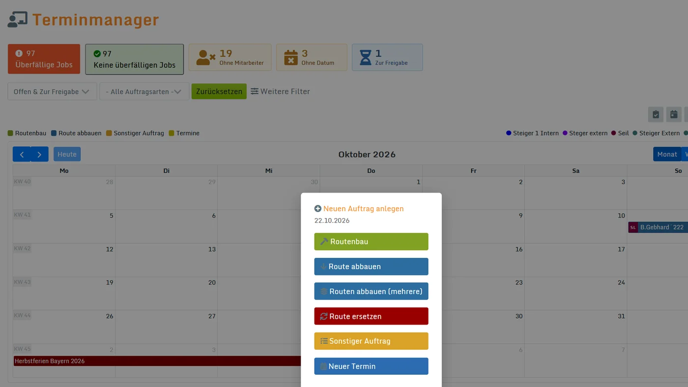 Terminmanager: Kalender mit Routenbau-, Abbau- und sonstigen Aufträgen, überfällige Jobs und neuer Auftrag