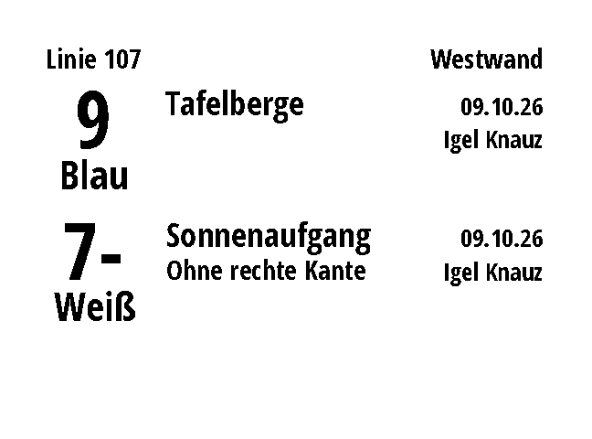 Routendisplay der Linie 107 an der Westwand: zwei Routen mit Grad, Griff-Farbe, Name, Datum und Routenbau-Team
