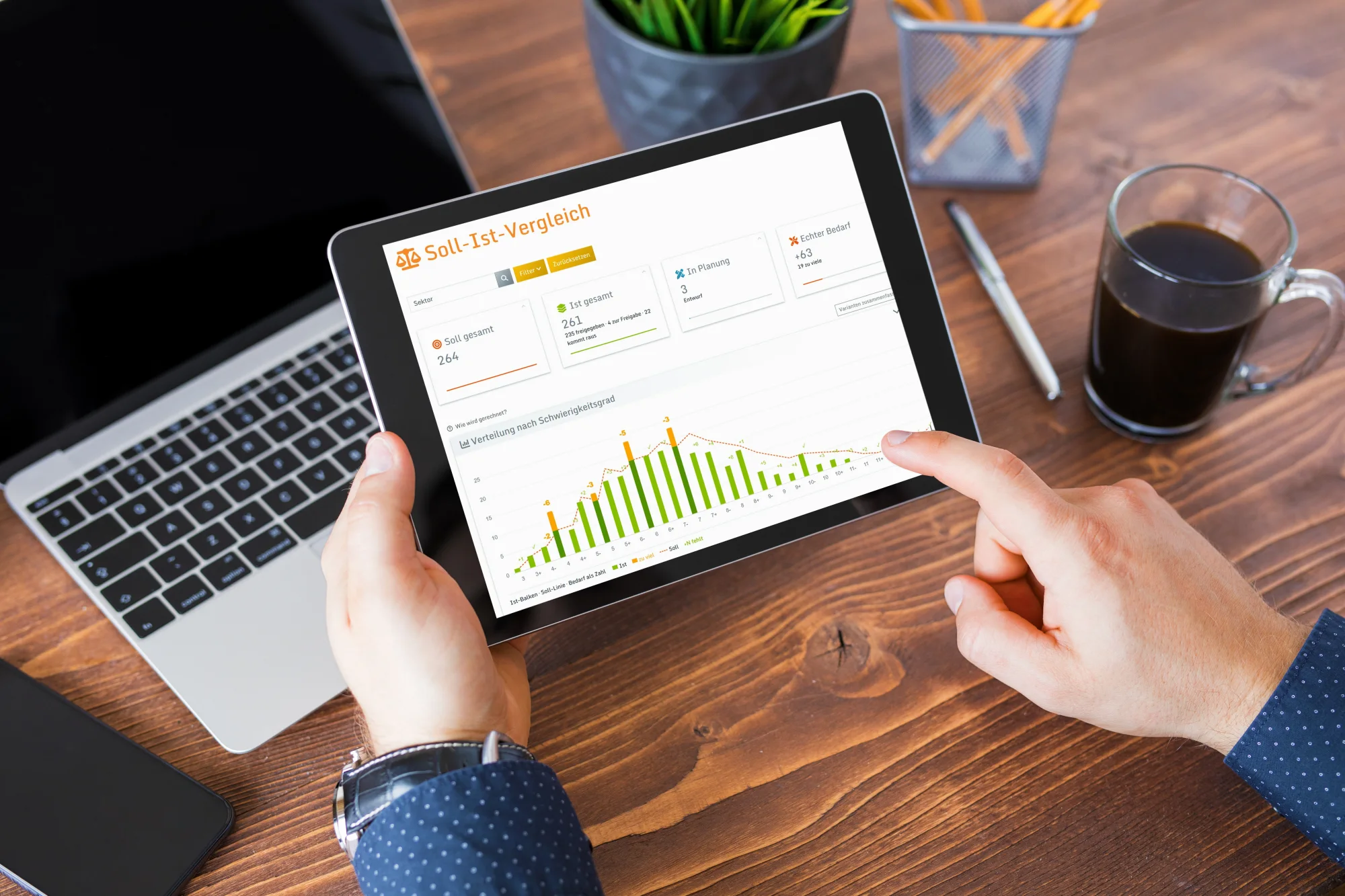 Tablet mit dem Soll-Ist-Vergleich nach Schwierigkeitsgrad in Routes-Manager