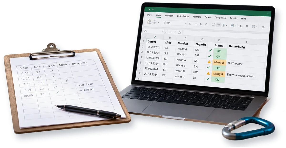 Prüfliste auf Papier und Wartungstabelle in Excel nebeneinander