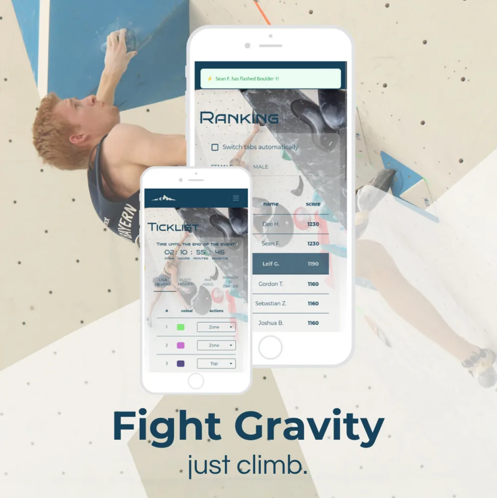 Fight Gravity: Ranking und Ticklist auf dem Smartphone, im Hintergrund Wettkampfklettern