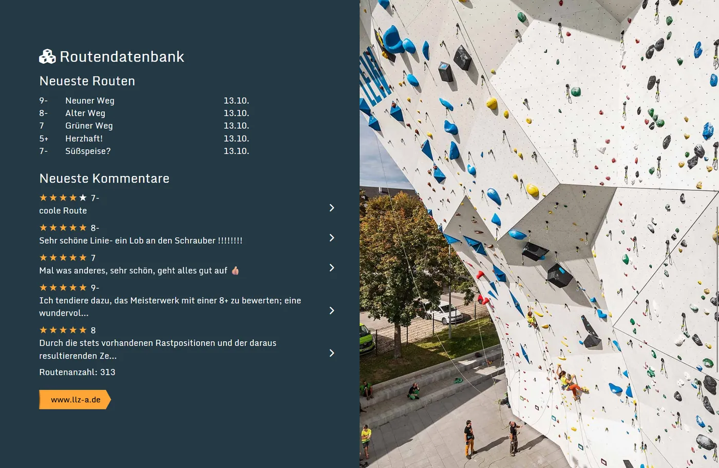 Neueste Routen und Kommentare auf der Webseite des DAV Kletterzentrums Augsburg